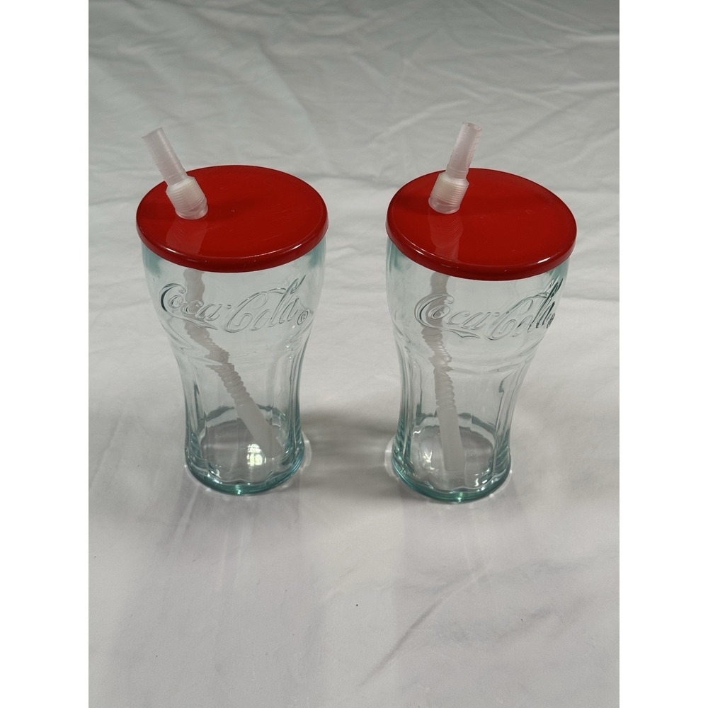 Vintage Coca-Cola Glass Tumbler Cups With Red Lids & Straws Set of 2